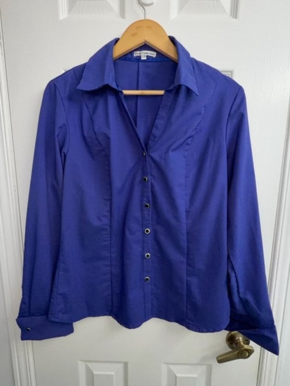 Dalia Collection Cobalt Blue Blouse Women's L Stretch Button Up Long Sleeve Work